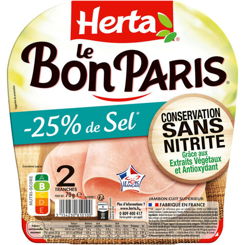 Herta Le Bon Paris Jambon Sans Nitrite Sel Réduit 2 Tranches