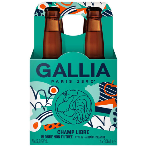 Gallia Champ Libre Biere Blonde non Filtrée 5,8% Vol 4x33cl