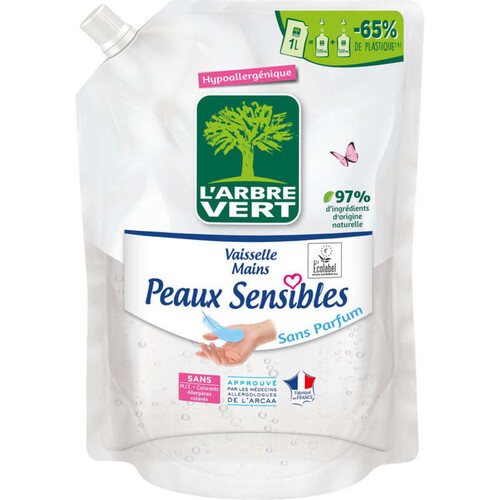 L'Arbre Vert recharge liquide vaisselle peaux sensibles ecolabel - hypoallergénique - 97% d'ingrédients d'origine naturelle  - 1l