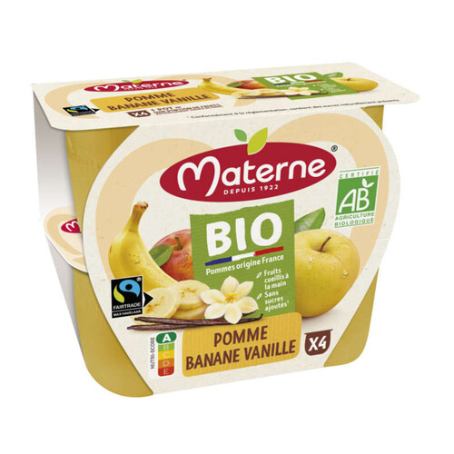 Materne Bio Compote Pomme Banane Vanille sans Sucres ajoutés Bio 4x100g