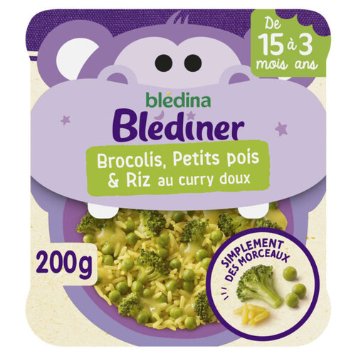 Blédina Petit Plat Morceaux à dévorer Brocolis, Petits Pois & Riz au curry doux de 15 mois à 3 ans 200g