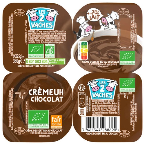 Les 2 Vaches Crème Dessert Chocolat Bio 4x95g