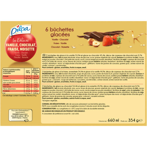 Pilpa Bûchettes Les Délices Vanille Chocolat Fraise Noisette x6 354g