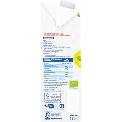 Bjorg Boisson végétale avoine cacao Bio 1L