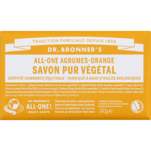 Dr. Bronner's Savon pur végétal solide aux agrumes 18-en-1, 140g