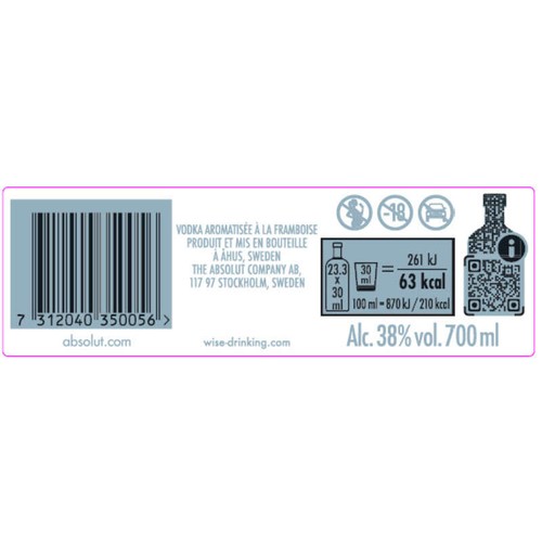 Absolut Vodka Aromatisée À La Framboise 38° 70cl