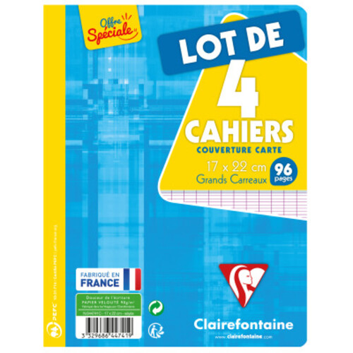 Clairefontaine Cahier piqué Clairefontaine petit format (17x22cm) 96 pages grands carreaux (Séyès) Lot de 4 Couleur aléatoire