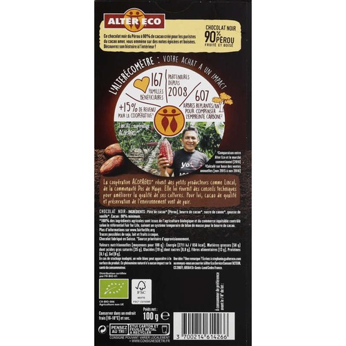 Alter Eco Tablette de Chocolat Noir 90% Pérou Bio 100g