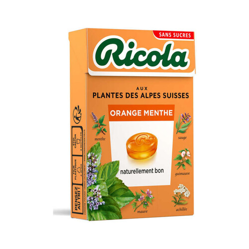 Ricola Bonbons Suisses Aux Plantes, Orange Menthe, Sans Sucres 50G