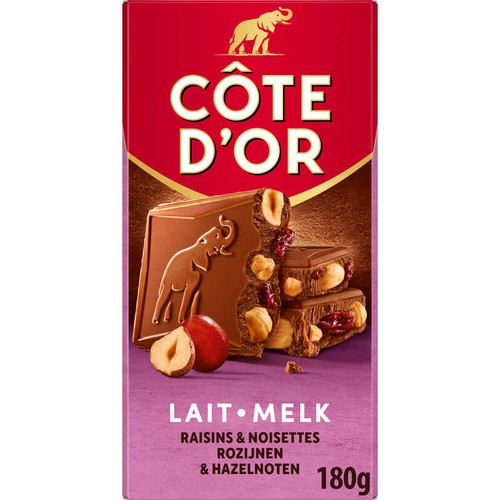 Côte D'Or Tablette Chocolat Au Lait Raisins Et Noisettes Entières 180g