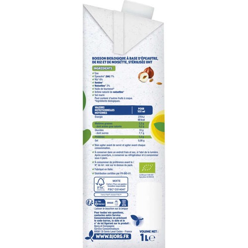 Bjorg Boisson Végétale Épeautre Noisette Bio 1L