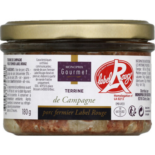 Monoprix Gourmet Terrine De Campagne, Porc Fermier Label Rouge 180G