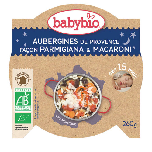 Babybio assiette aubergine et macaroni bio dès 15 mois 260g