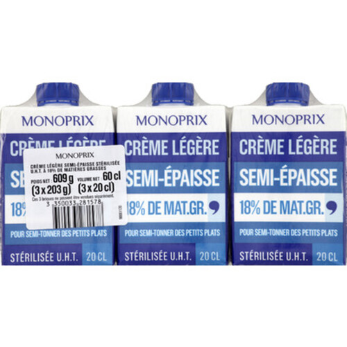 Monoprix Crème Légère Semi-Épaisse 18% MG 3x20cl