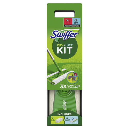 Swiffer Kit Complet Balai, 8 Lingettes Sèches + 3 Lingettes Humides