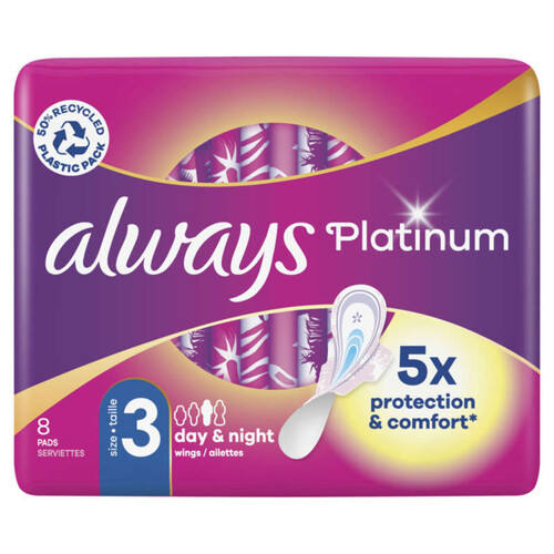 Always Platinum Nuit Taille3 Serviettes Hygiéniques avec Ailettes boîte de8