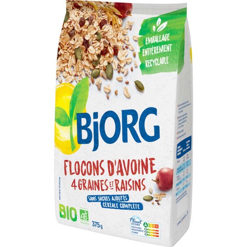 Bjorg Flocons D'Avoine, 4 Graines Et Raisins, Bio 375g