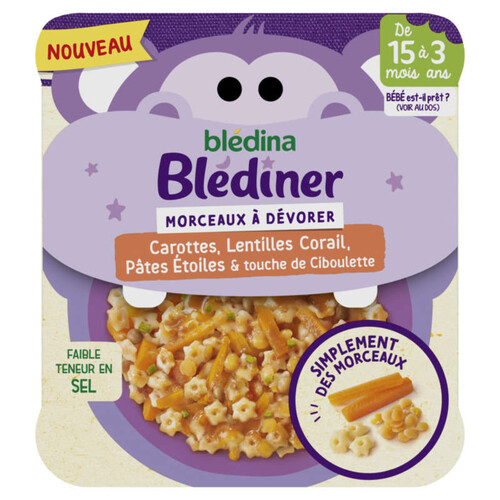 Blédina Petit Plat Morceaux à dévorer Carottes, Lentilles Corail, Pâtes Etoiles & touche de ciboulette de 15 mois à 3 ans 200g