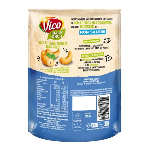 Vico Natur' & bon Noix de cajou non grillées non salées 180g