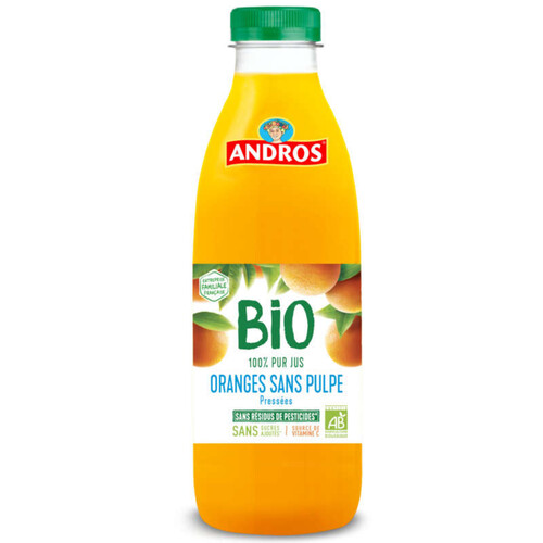 Andros 100% pur jus d'oranges sans pulpe pressées Bio 75cl