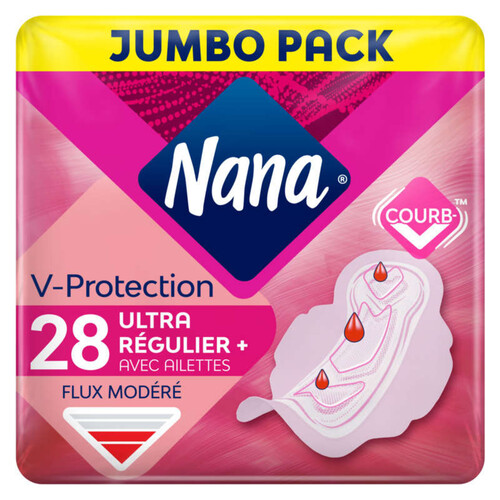 Nana Serviettes Hygiéniques V-Protection avec Ailettes Ultra Plus Jumbo Pack x28