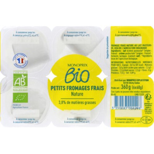 Monoprix Bio Petits fromages frais 3,8% 6x60g