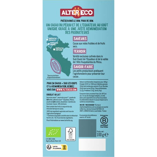 Alter Eco Chocolat au Lait Doux et fondant Bio 100g