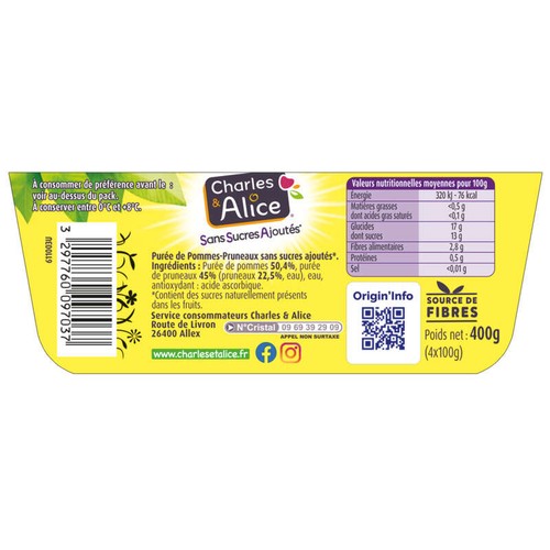 Charles & Alice Compote Pomme Pruneaux Sans Sucres Ajoutés 4x100g