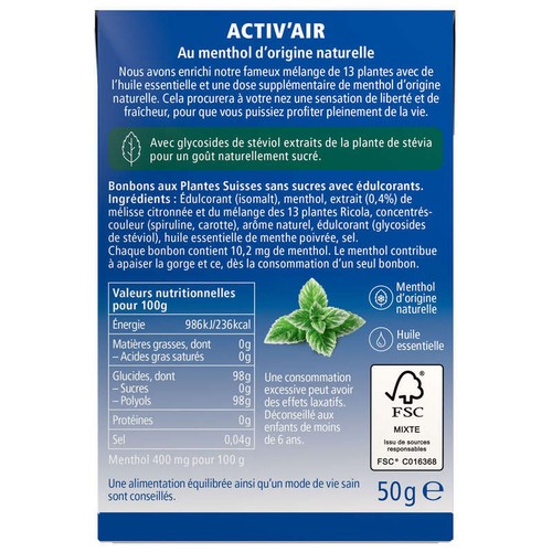 Ricola Activ'air Bonbons Menthol Intense Sans Sucres 50g