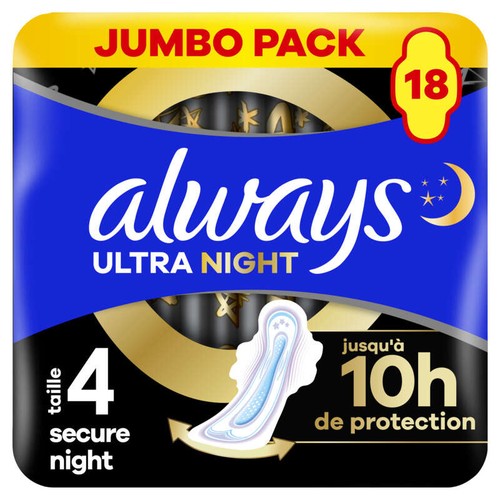 Always Ultra Serviettes secure night taille 4 ailettes x18