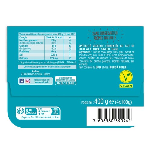 Andros Brassé Végétal Fraise au lait de Coco 4x100g