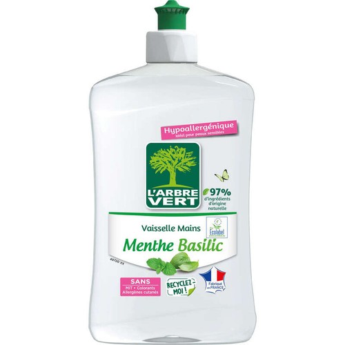 L'Arbre Vert Liquide vaisselle écolabel menthe basilic hypoallergénique 500ml