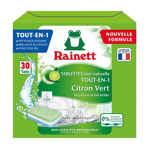 Rainett Tablettes Machine Ecolabel Lave-Vaisselle Tout-En-1 Citron Vert x30