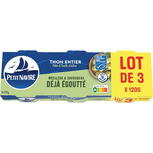 Petit Navire Thon entier Filet d'huile d'olive déjà Égoutté MSC 3x120g