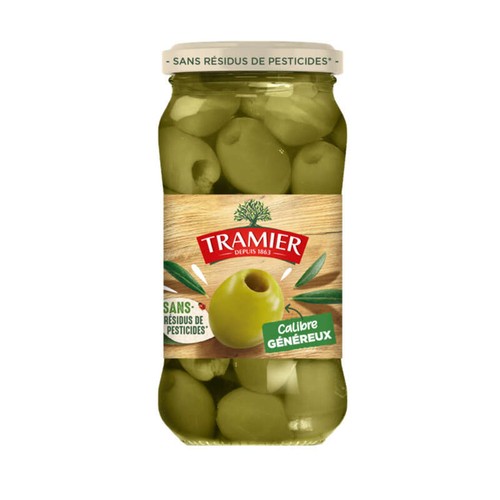 Tramier Olives vertes dénoyautées calibre généreux sans résidus de pesticides 160g