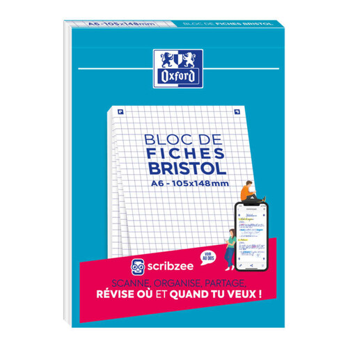 Oxford Bloc de Fiches Bristol A6 Non perforées Petits Carreaux 5mm 30 Fiches Collées Blanches