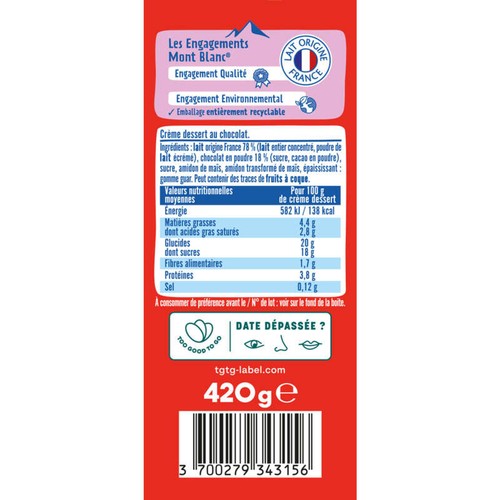 Mont blanc Crème dessert boîte héritage chocolat 420g