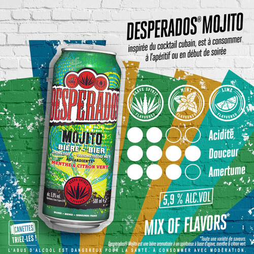 Desperados Mojito  Bière aromatisée à un spiritueux à base d'agave, Menthe, Citron vert 50cl