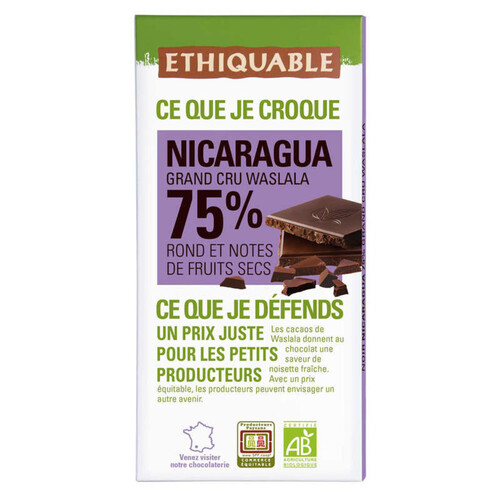 Ethiquable Chocolat Noir 75% Nicaragua Bio 100g