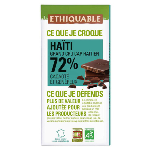 Ethiquable Chocolat Noir 72% Haiti Bio 100G