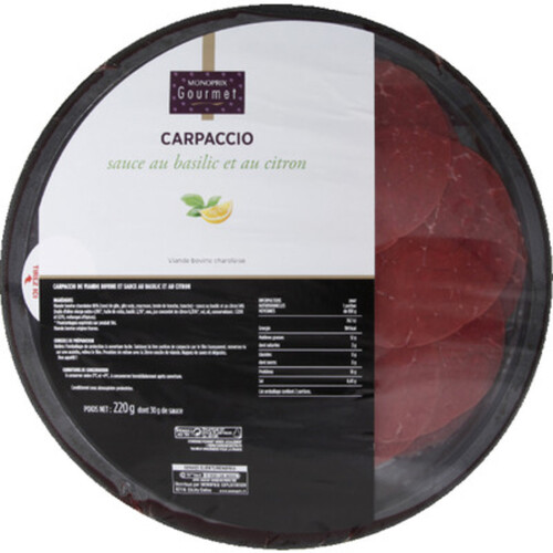 Monoprix Gourmet Carpaccio Sauce Basilic Et Au Citron 220G