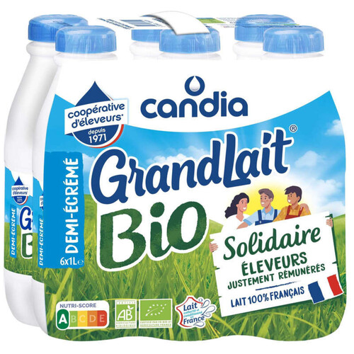 Candia - Grandlait - Lait bio demi écrémé - le pack de 6x 1L