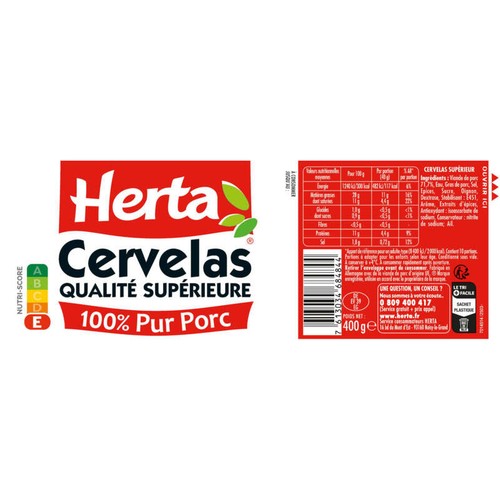 Herta Cervelas 100% pur porc 400g