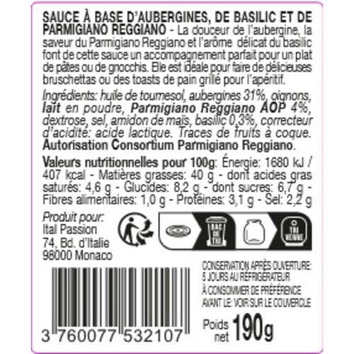 Florelli Sauce à base d'aubergines, parmesan, basilic 190g