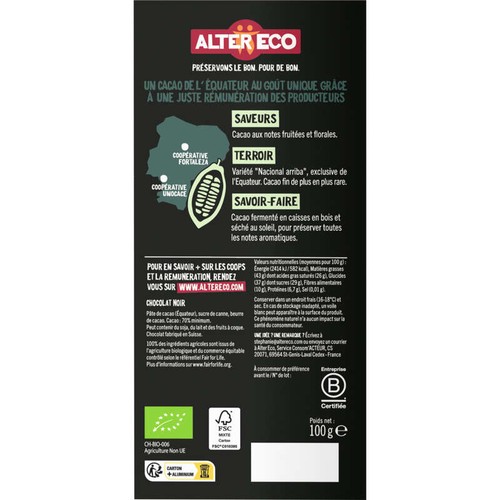 Alter Eco Chocolat noir equateur 70% Bio 100g