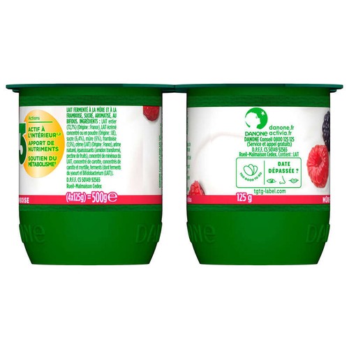 Activia Yaourt aux fruits mûre-framboise bifidus 4x125g