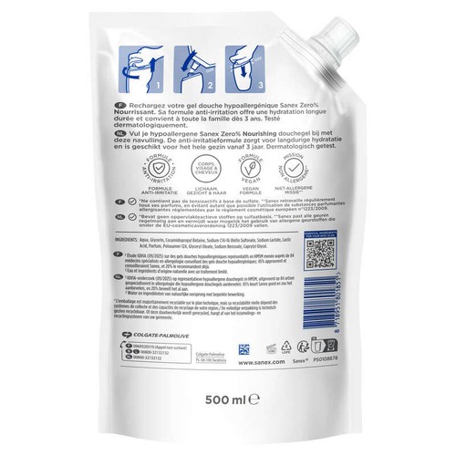 Sanex Zero% Gel douche hypoallergénique hydratant Doypack 500ml
