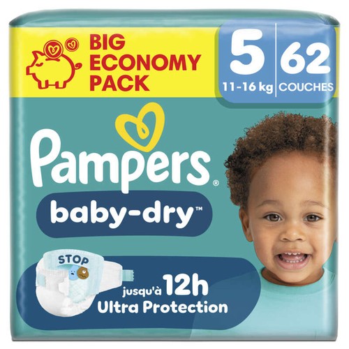Pampers Baby-Dry Taille 5, 11kg-16kg, 62 Couches