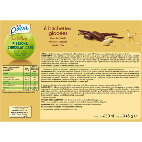 Pilpa Bûchettes Glacées Les Délices Pistache Chocolat Café x6 348g