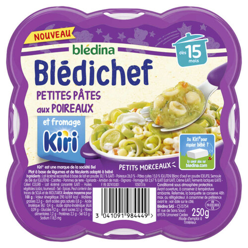 Blédichef Petites Pâtes aux Poireaux et fromage Kiri dès 15 mois 250g